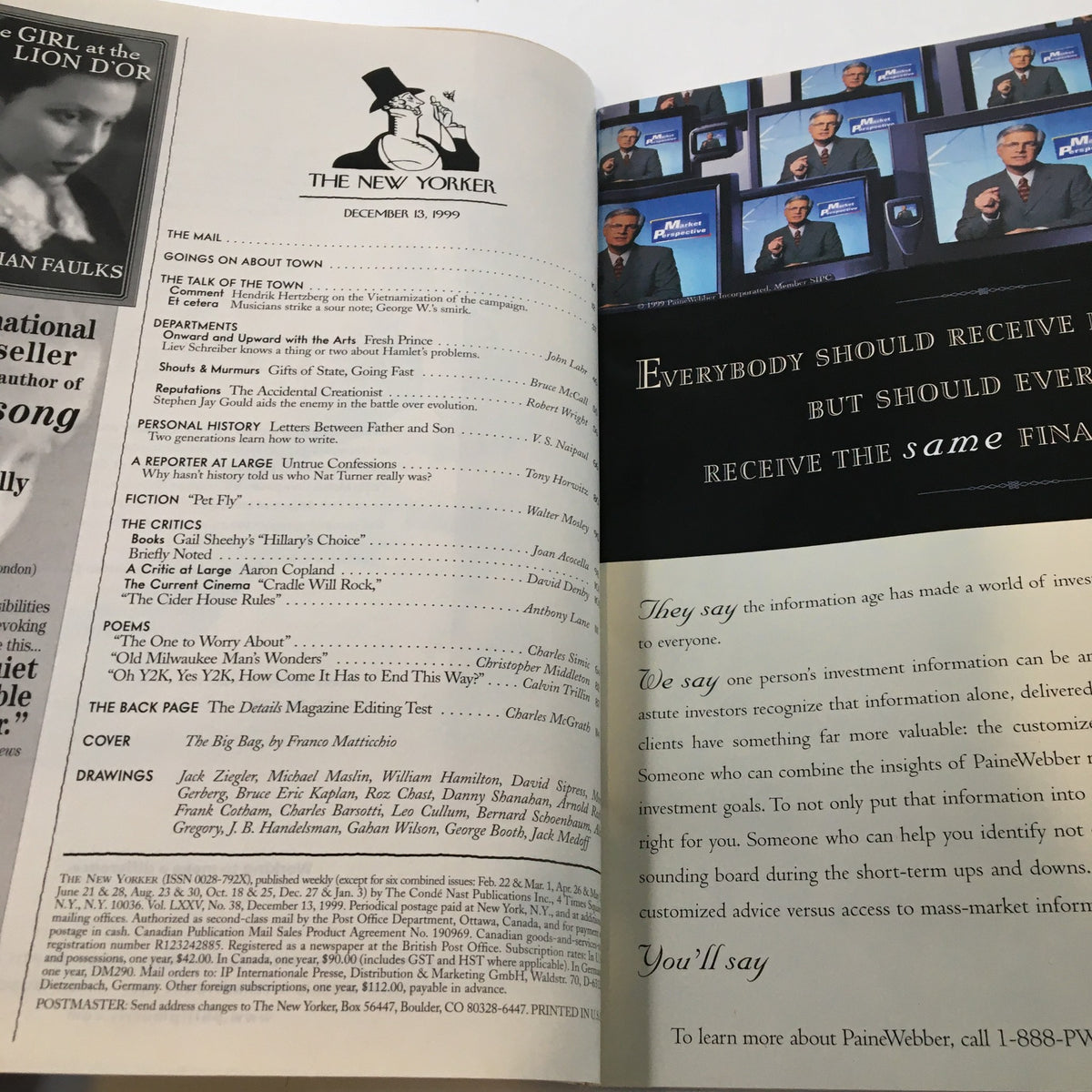 Inside page of The New Yorker magazine, December 13, 1999, showcasing the table of contents and an advertisement alongside notable articles from that issue.