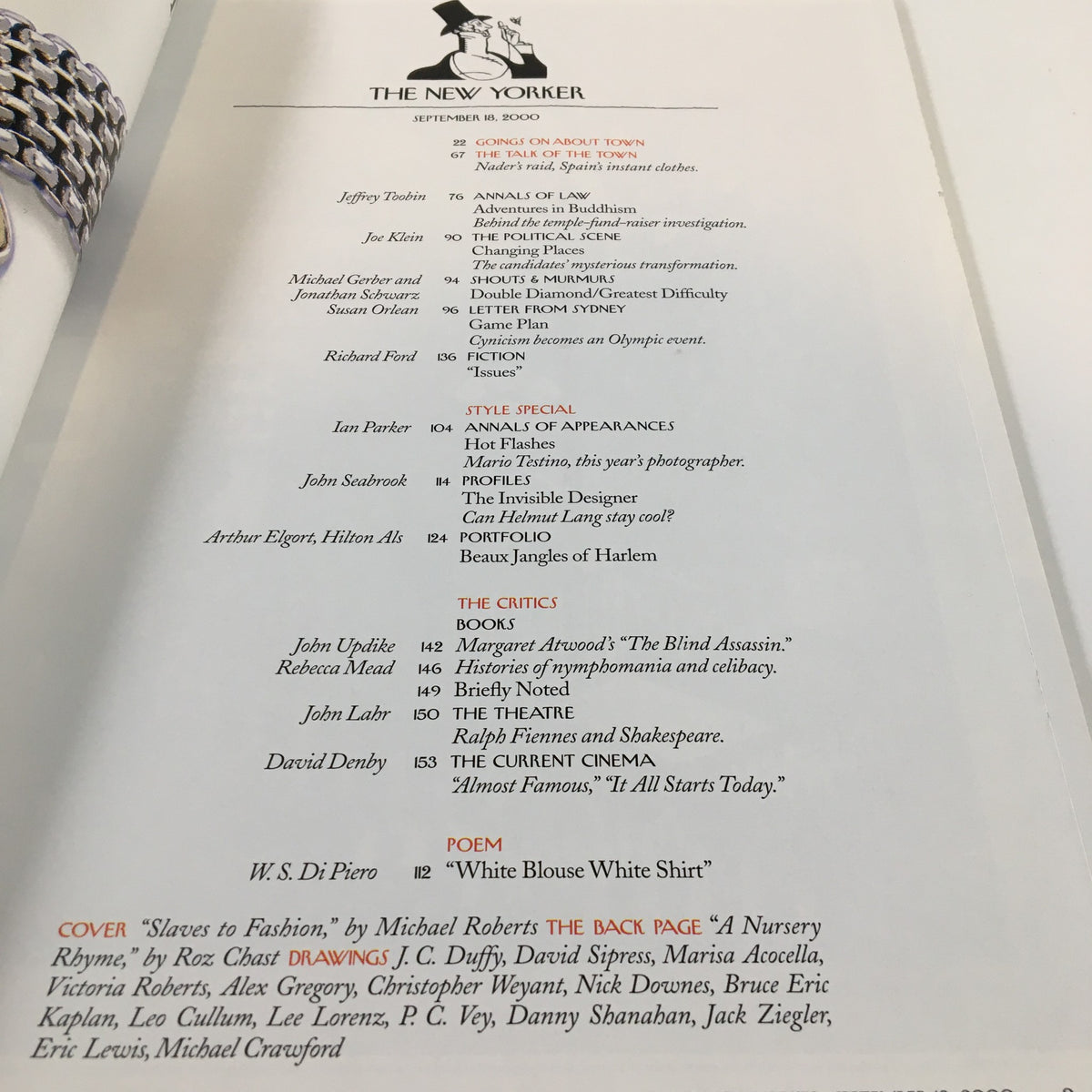 Interior page of The New Yorker Full Magazine September 18 2000, detailing the contents including the cover story 'Slaves to Fashion' and various articles related to style and culture.