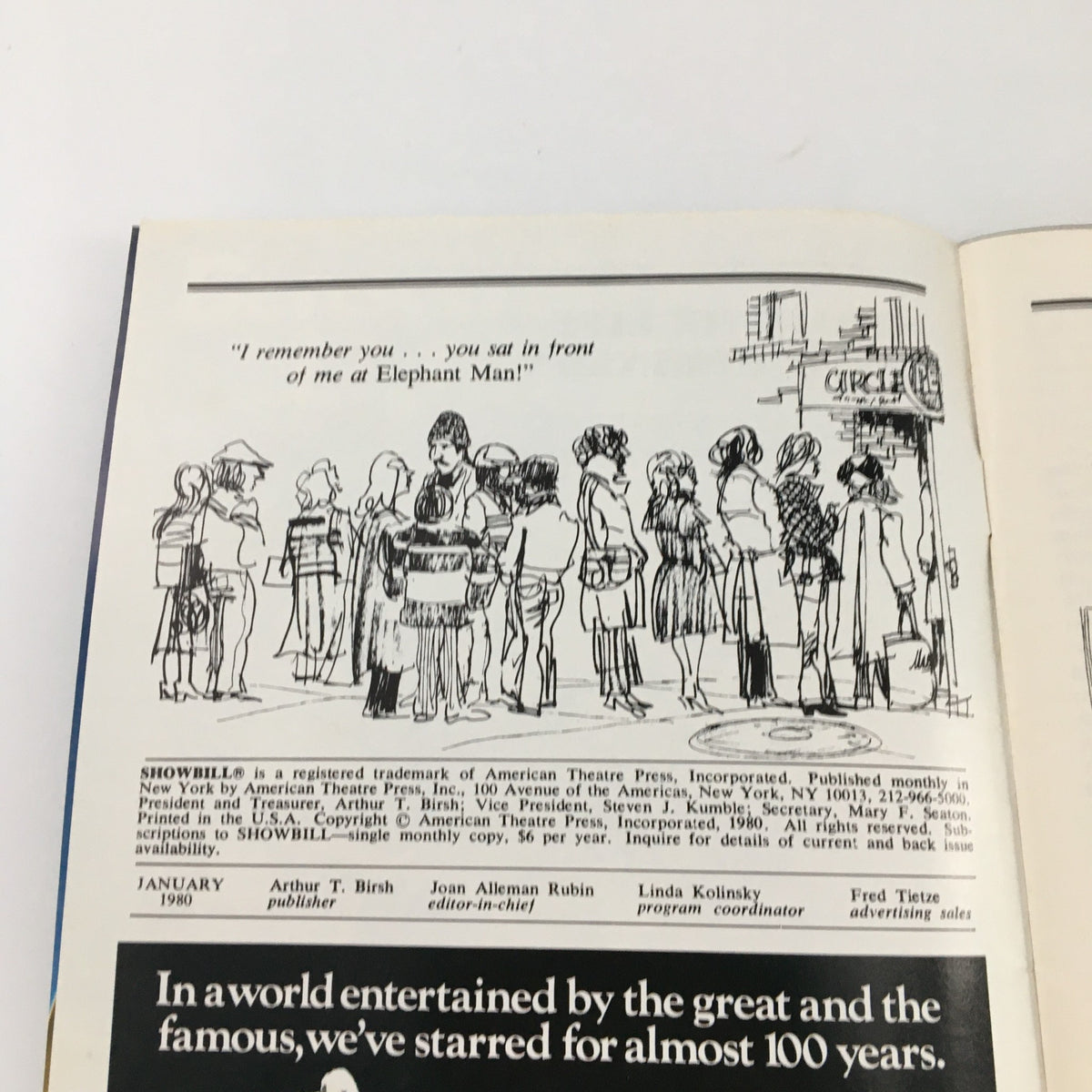 Inside page of the 1980 Showbill for Manhattan Theatre Club 'One Wedding, Two Rooms, Three Friends' displaying cast members and a nostalgic illustration of a crowd.