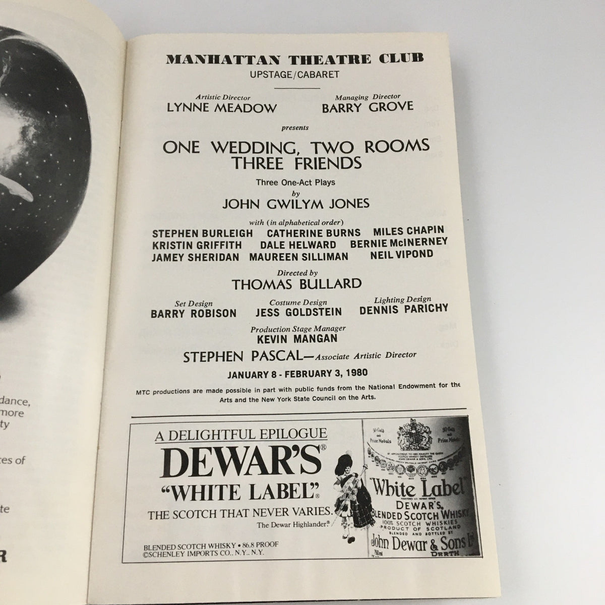 Another inside page of the 1980 Showbill for Manhattan Theatre Club 'One Wedding, Two Rooms, Three Friends' listing the play's details and collaborators.