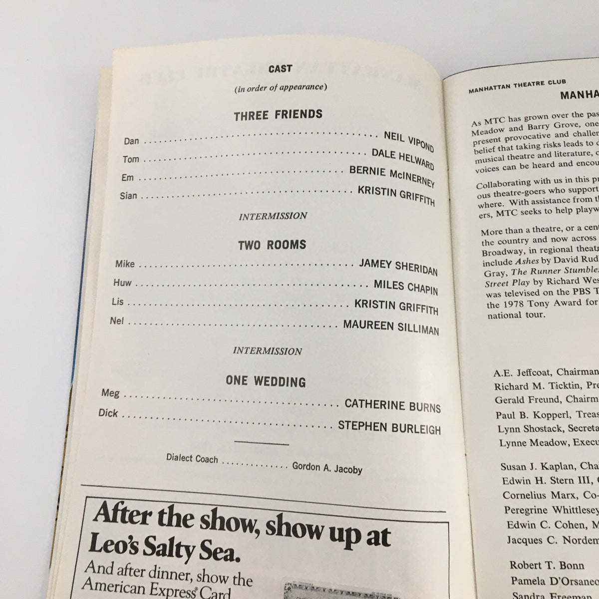 Detailed cast list from the 1980 showbill for 'One Wedding, Two Rooms, Three Friends' at the Manhattan Theatre Club, showcasing performers in order of appearance.