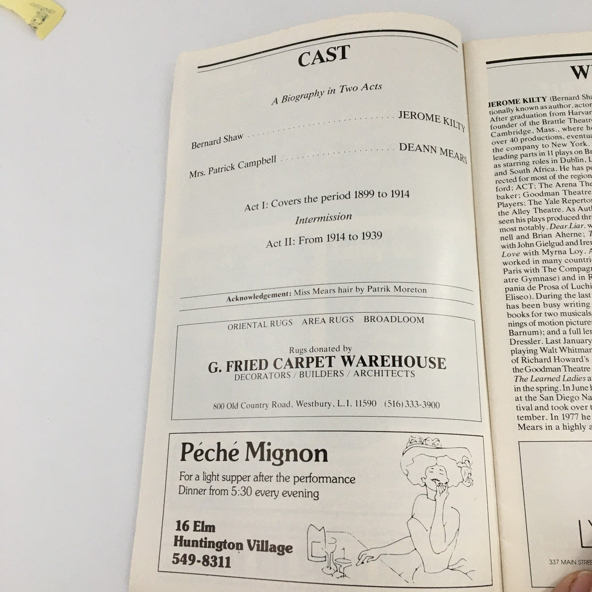 1980 Playbill 'Dear Liar' showcasing the cast biography page with Jerome Kilty and Deann Mears listed as main actors.
