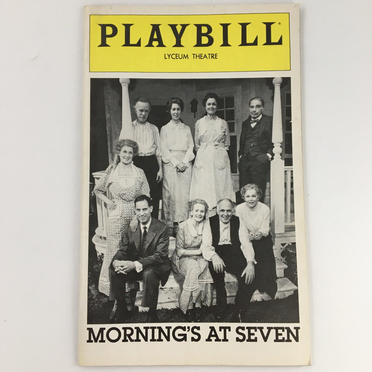 1980 Playbill from Lyceum Theatre for 'Morning's at Seven' featuring a cast photo includes Nancy Marchand and Teresa Wright, showcasing the charm of Broadway.
