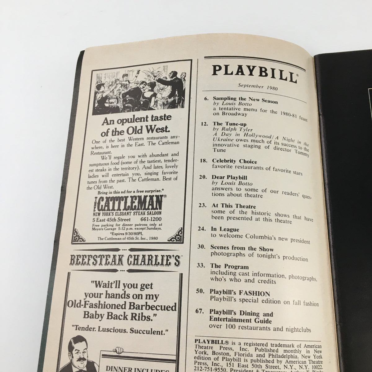 Inside view of the September 1980 Playbill from Lyceum Theatre for 'Morning's at Seven', displaying advertisements and the program's content.