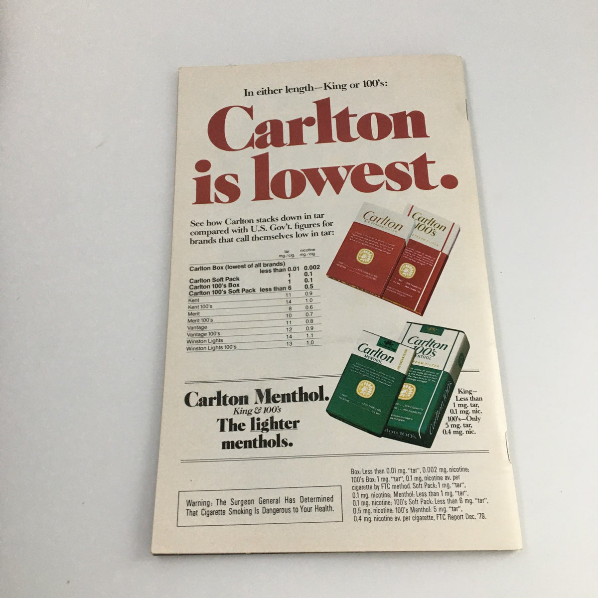 Back advertisement of the 1980 Playbill from Lyceum Theatre for 'Morning's at Seven', featuring Carlton cigarette marketing.
