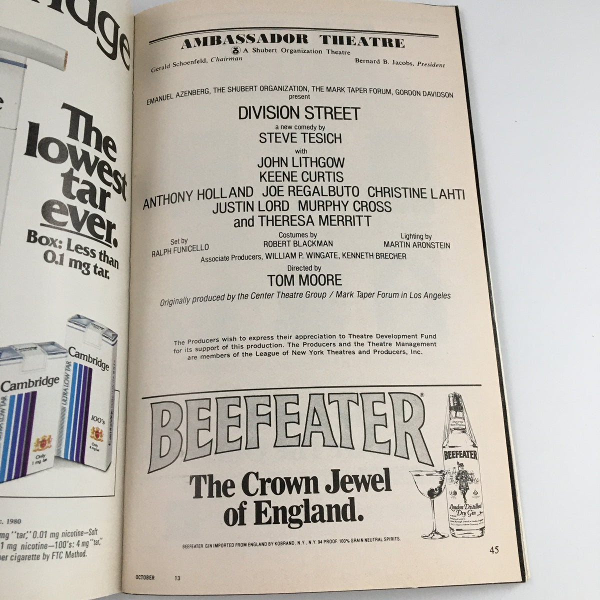 Inside page of the 1980 Playbill for 'Division Street' presenting the cast and crew details along with additional show information.