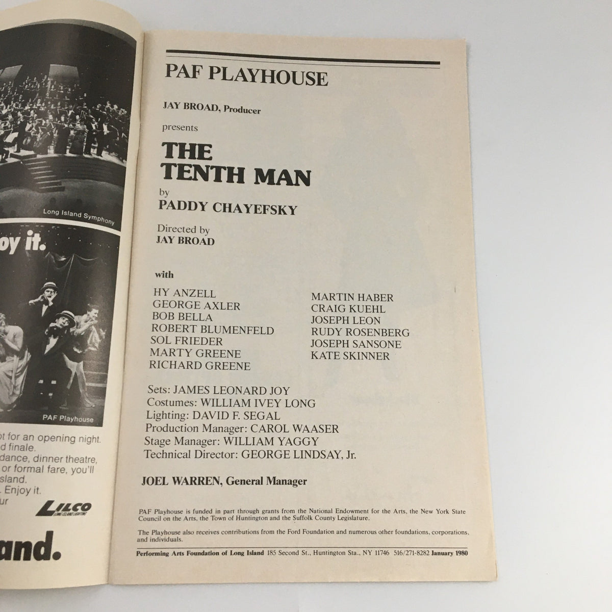 1980 Playbill for 'The Tenth Man' detailing the cast and crew including Hy Anzell and George Axler.