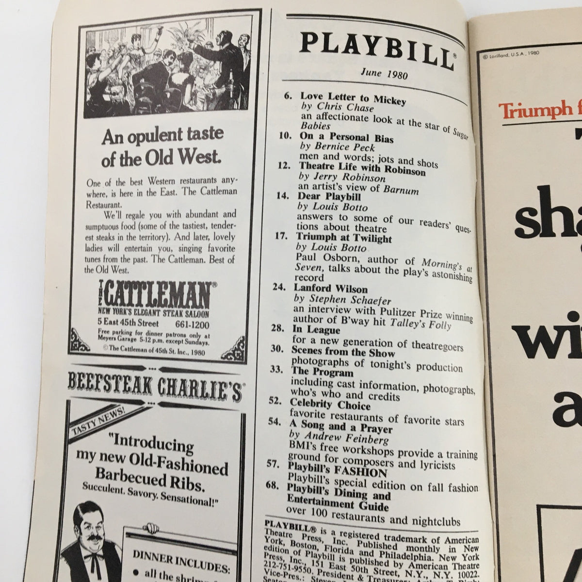 Inside page of the June 1980 Playbill for 'Children of a Lesser God', showcasing restaurant advertisements and magazine contents.