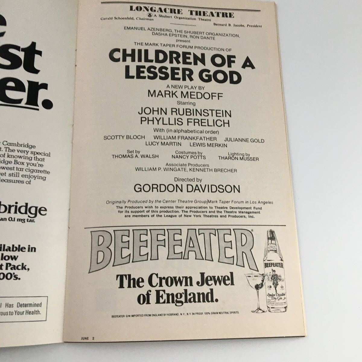 Second inside page of the Playbill for 'Children of a Lesser God', highlighting cast members and production credits.