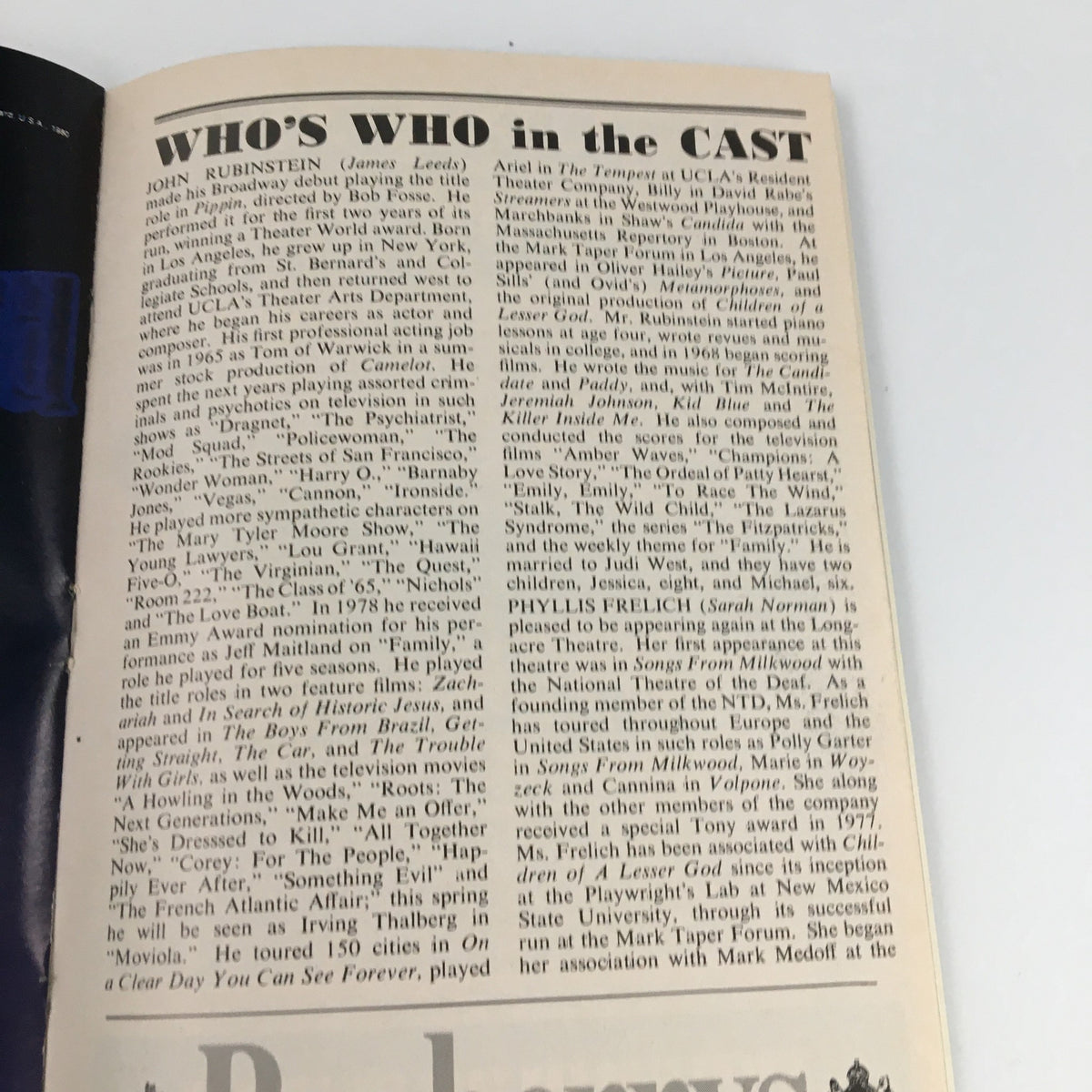 Biographical information page for John Rubinstein and Phyllis Frelich from the Playbill for 'Children of a Lesser God', detailing their backgrounds and roles.