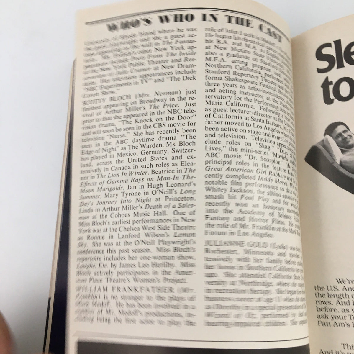 Inside page of the 1980 Playbill for 'Children of a Lesser God' at Longacre Theatre featuring cast member biographies. Highlights include a description of Scotty Bloch's acting career, showcasing her varied performances in theatre and television.