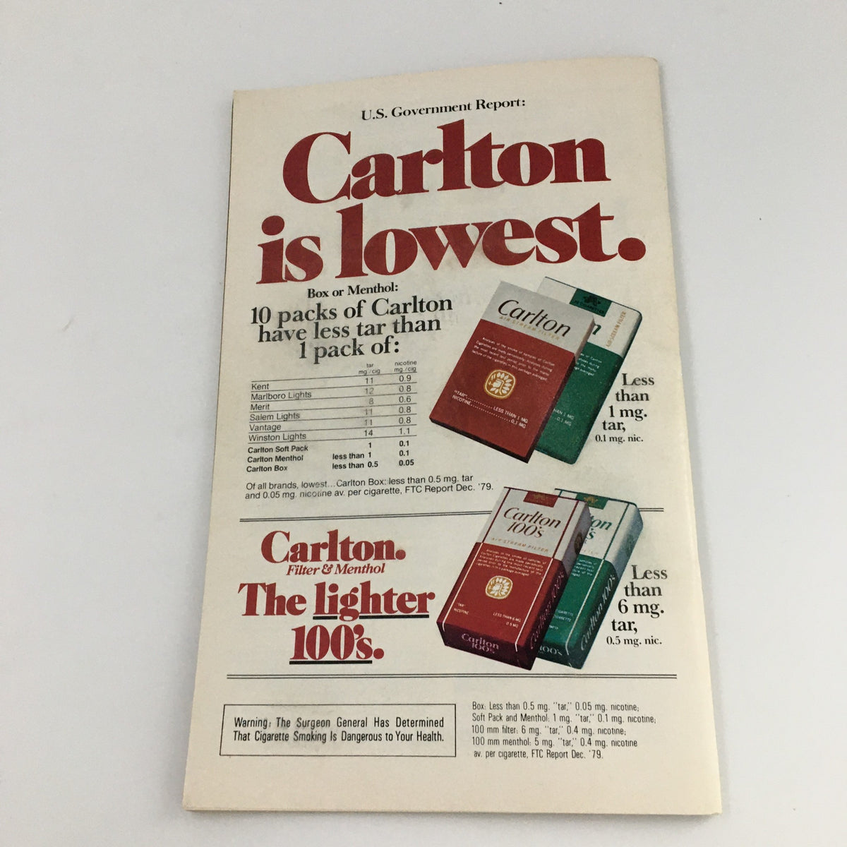 Advertisement for Carlton cigarettes emphasizing lower tar content. The graphic features the slogan 'Carlton is lowest' with product images, illustrating product options and a U.S. Government health warning.