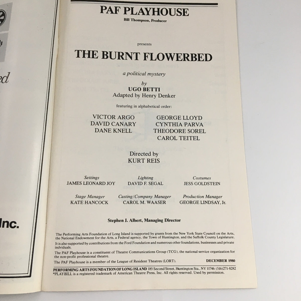 Inside page of the 1980 Playbill from PAF Playhouse for 'The Burnt Flowerbed' featuring cast and production details.