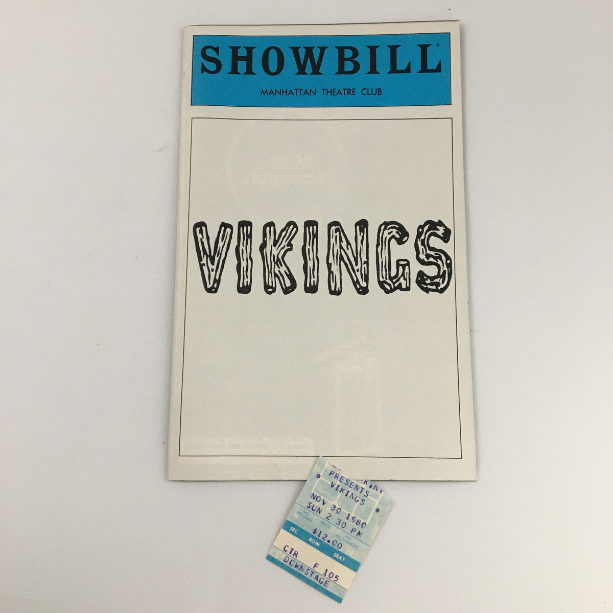 1980 Showbill for 'Vikings' at Manhattan Theatre Club featuring Sheila Allen and William Swetland, with a ticket stub included.