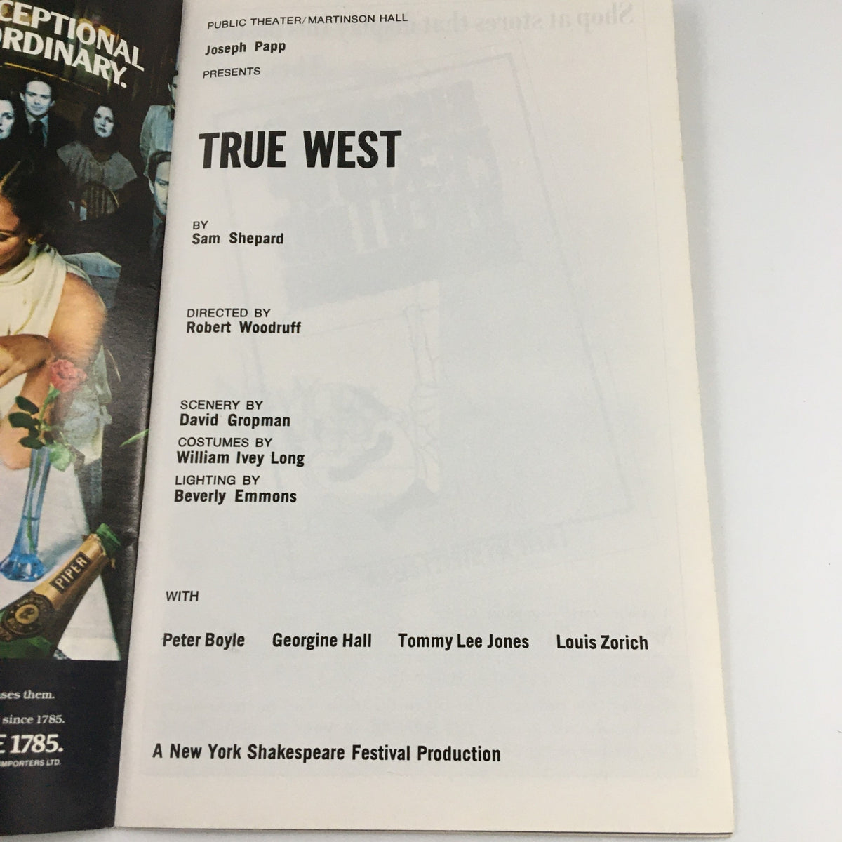 Inside page of the 1980 Showbill for Martinson Hall with details about the play 'True West', directed by Robert Woodruff.
