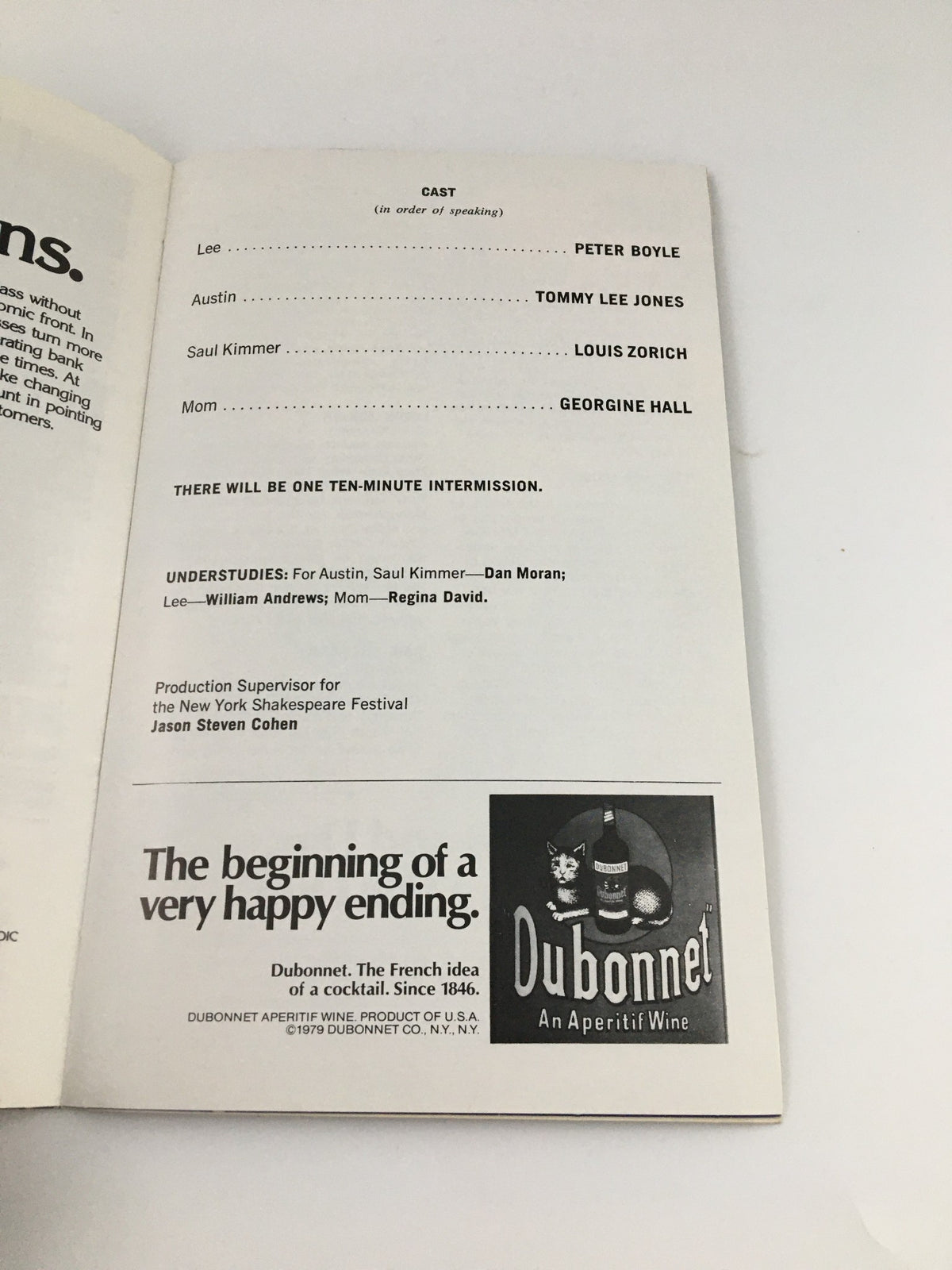 Casting page from the 1980 Showbill of 'True West' at Martinson Hall, listing Peter Boyle, Tommy Lee Jones, and others.