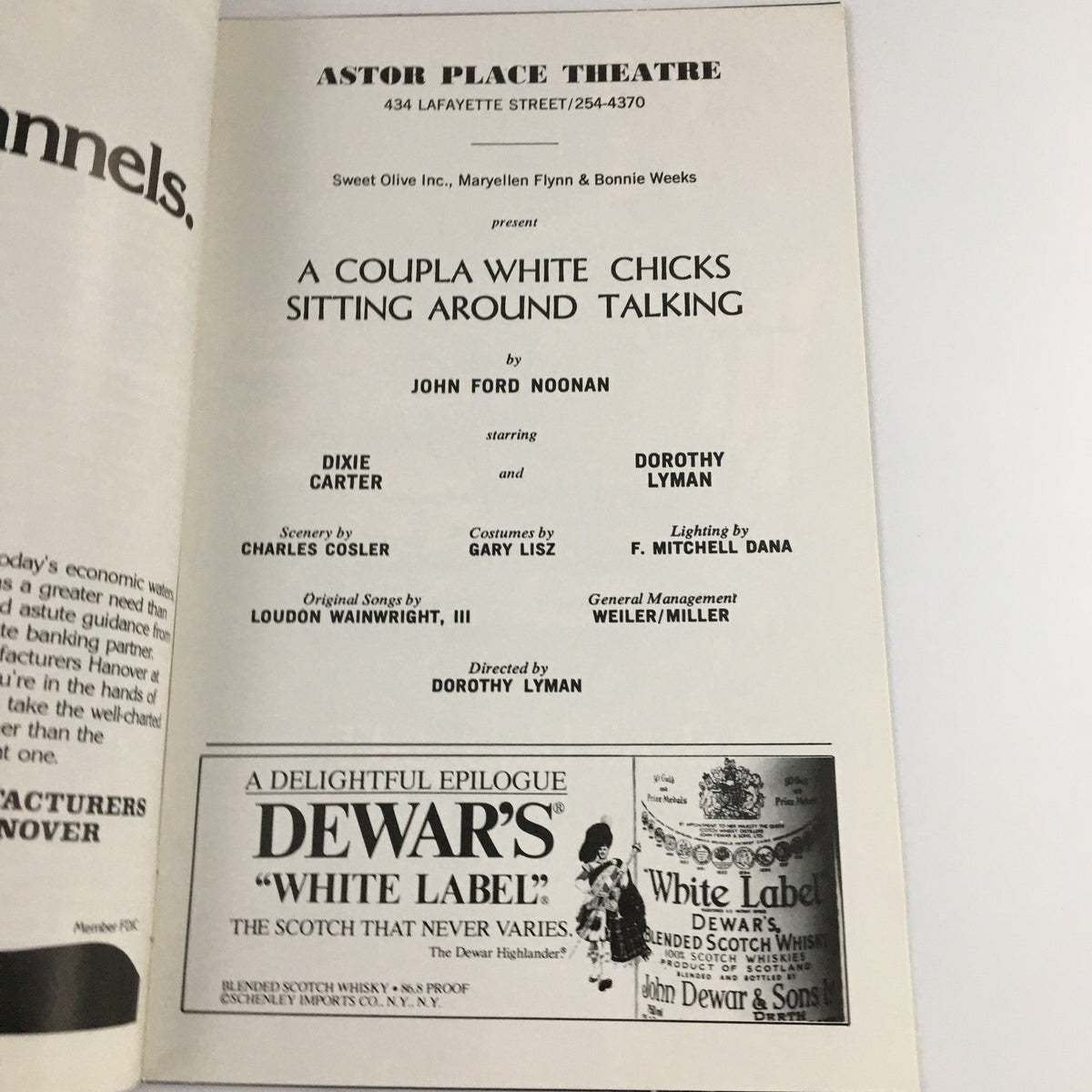 Inside page of the 1980 Showbill for 'A Coupla White Chicks Sitting Around Talking', listing cast and crew details at Astor Place Theatre.