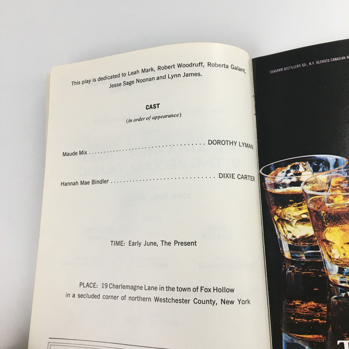 1980 Showbill for 'A Coupla White Chicks Sitting Around Talking' at Astor Place Theatre. The image shows a page dedicated to cast details and production credits, featuring Maude Mix and Hannah Mae Binder, along with a backdrop of drinks.