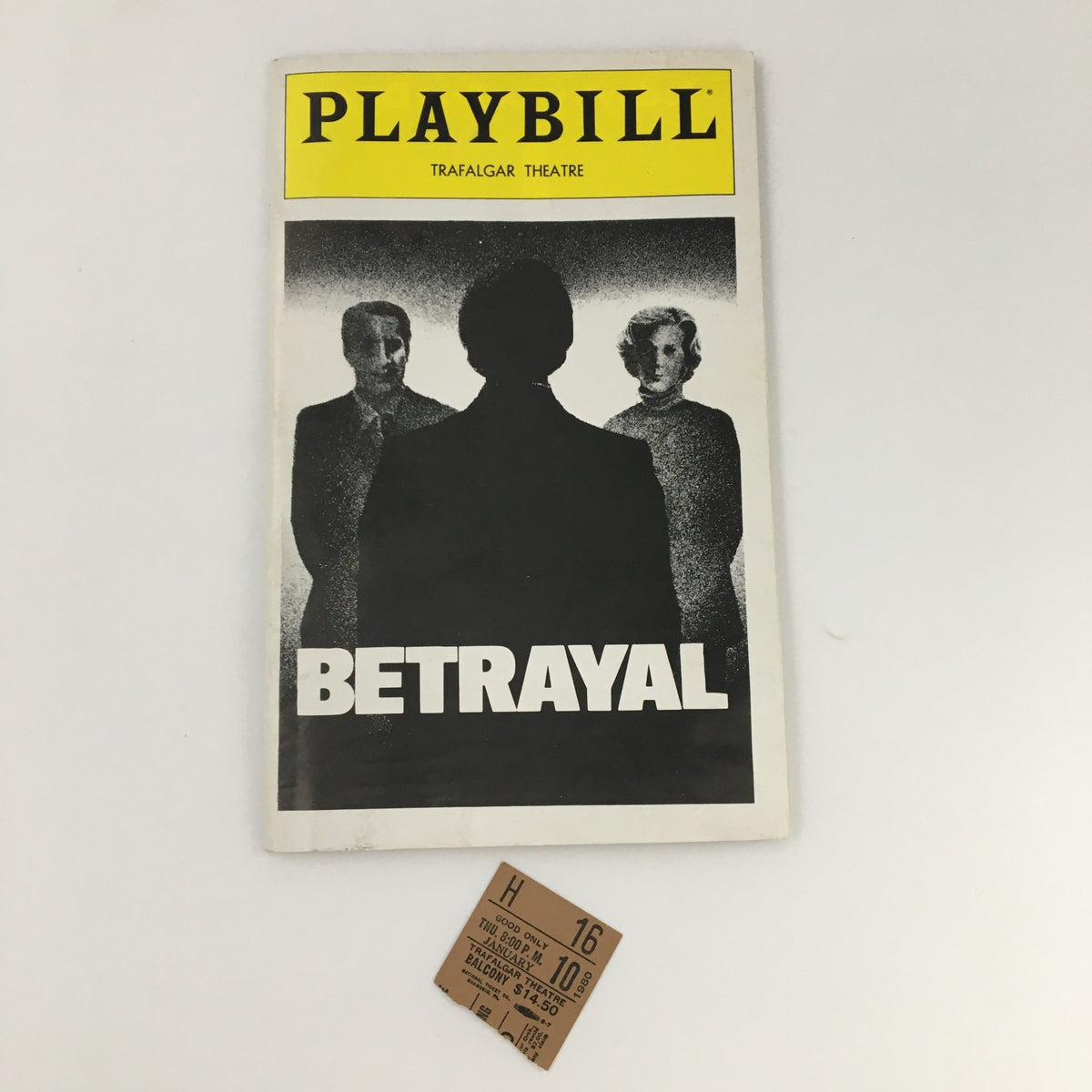 1980 Playbill from Trafalgar Theatre production of 'Betrayal' featuring Blythe Danner and Roy Scheider, showcasing the cover design and original ticket.