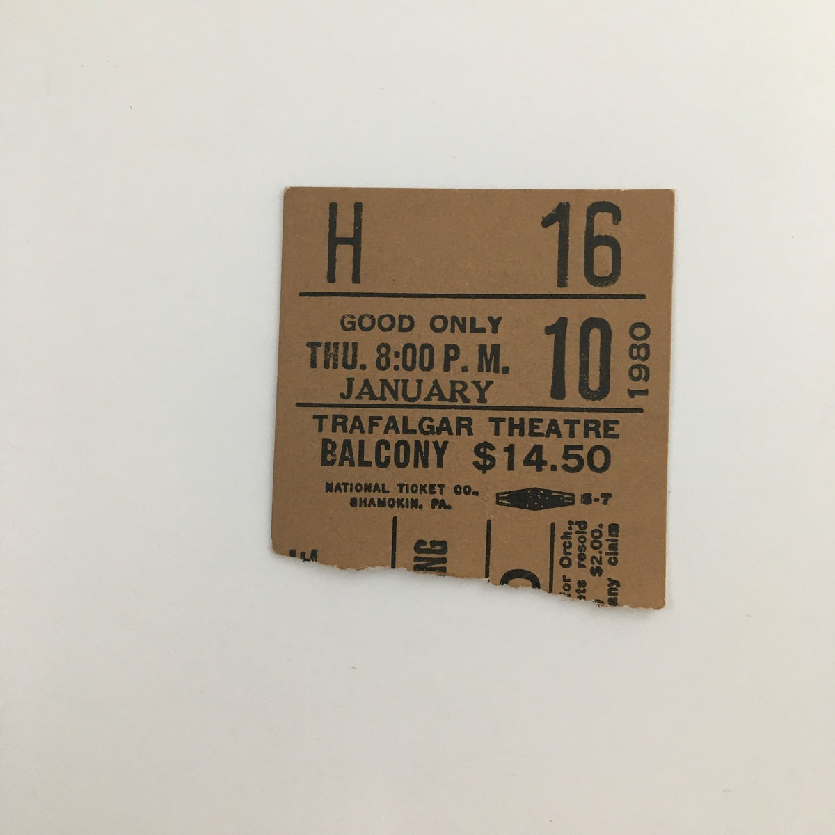 Original ticket stub from the January 1980 performance of 'Betrayal' at Trafalgar Theatre, priced at $14.50.