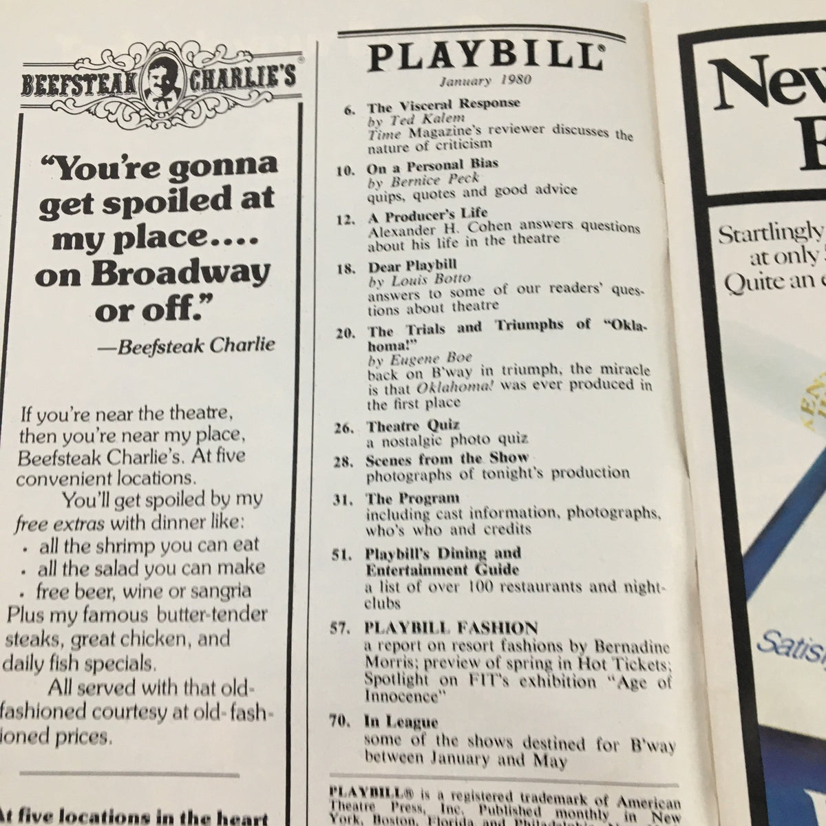 Inside page of 1980 Playbill featuring advertisement for Beefeater Charlie's, highlighting theater-related content.