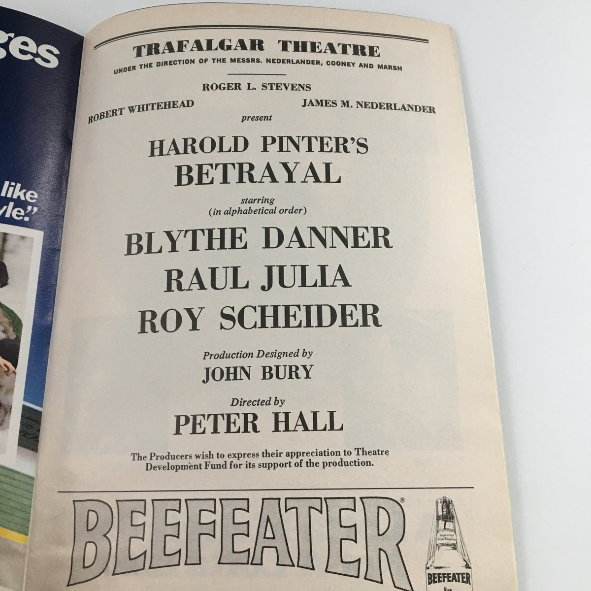 Page from the 1980 Playbill for 'Betrayal' at Trafalgar Theatre, listing cast members including Blythe Danner and Roy Scheider.