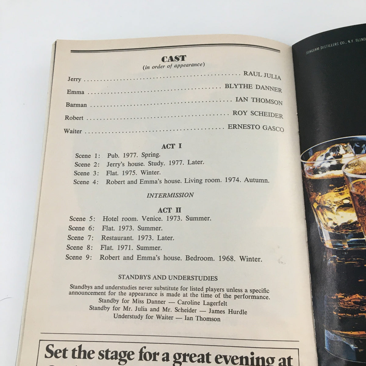 CAST section of the 1980 Playbill for 'Betrayal', detailing scenes and character appearances in the production.