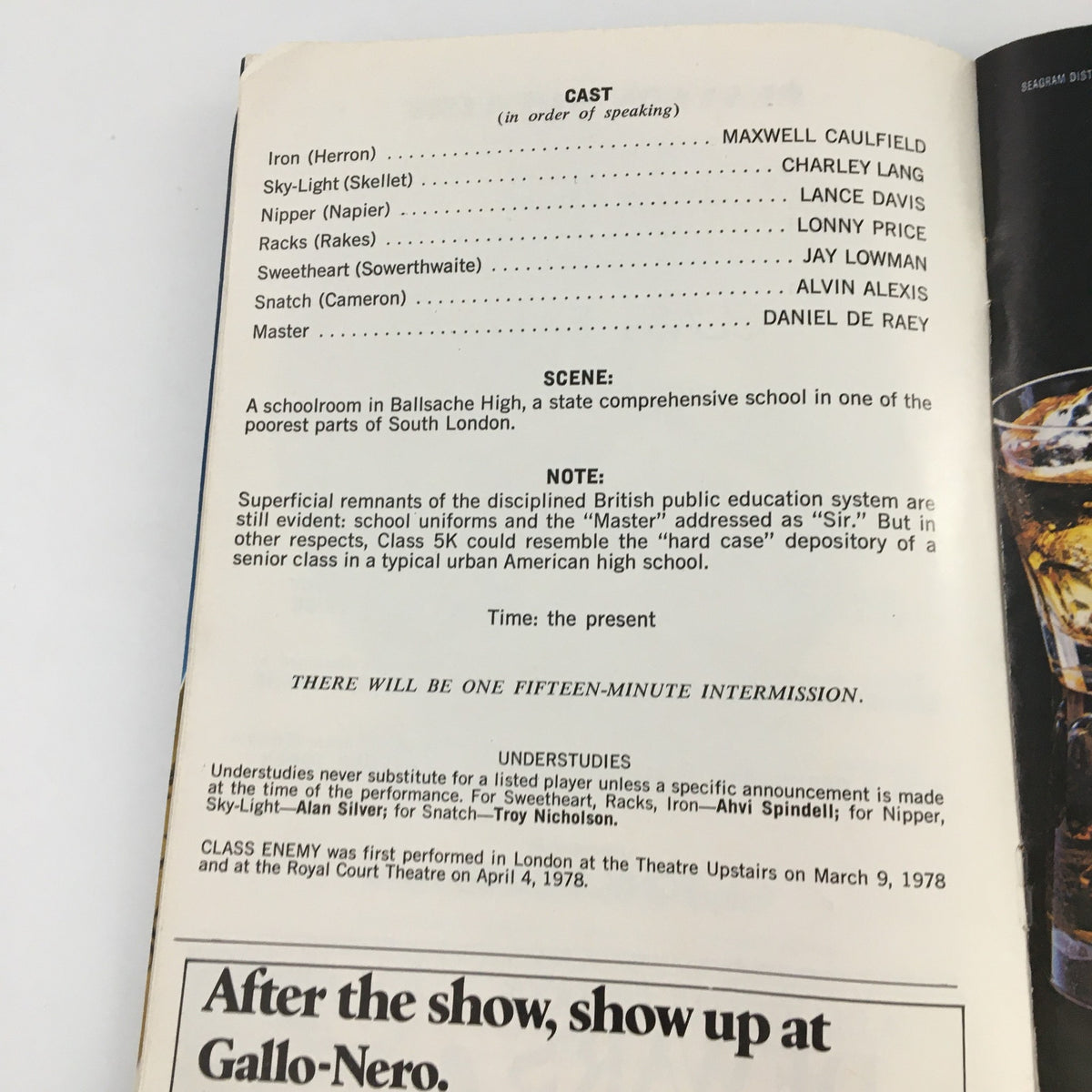 1980 Showbill for Players Theatre 'Class Enemy' featuring cast details, including Maxwell Caulfield and Alvin Alexis, along with a description of the scene and context about the play.