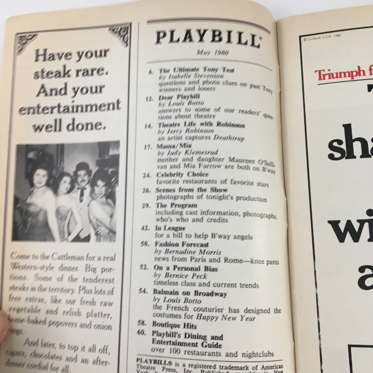 Interior page from the 1980 Playbill for 'Billy Bishop Goes to War' featuring advertisements and articles relevant to the theater scene.