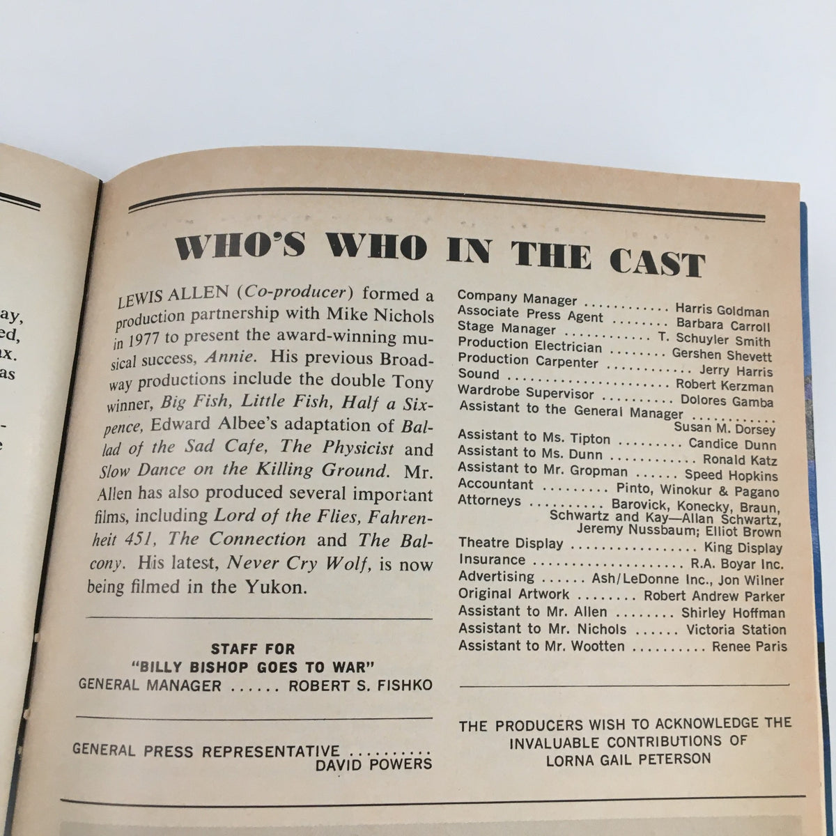 Cast and crew acknowledgments page from the 1980 Playbill for 'Billy Bishop Goes to War' listing contributions and staff.
