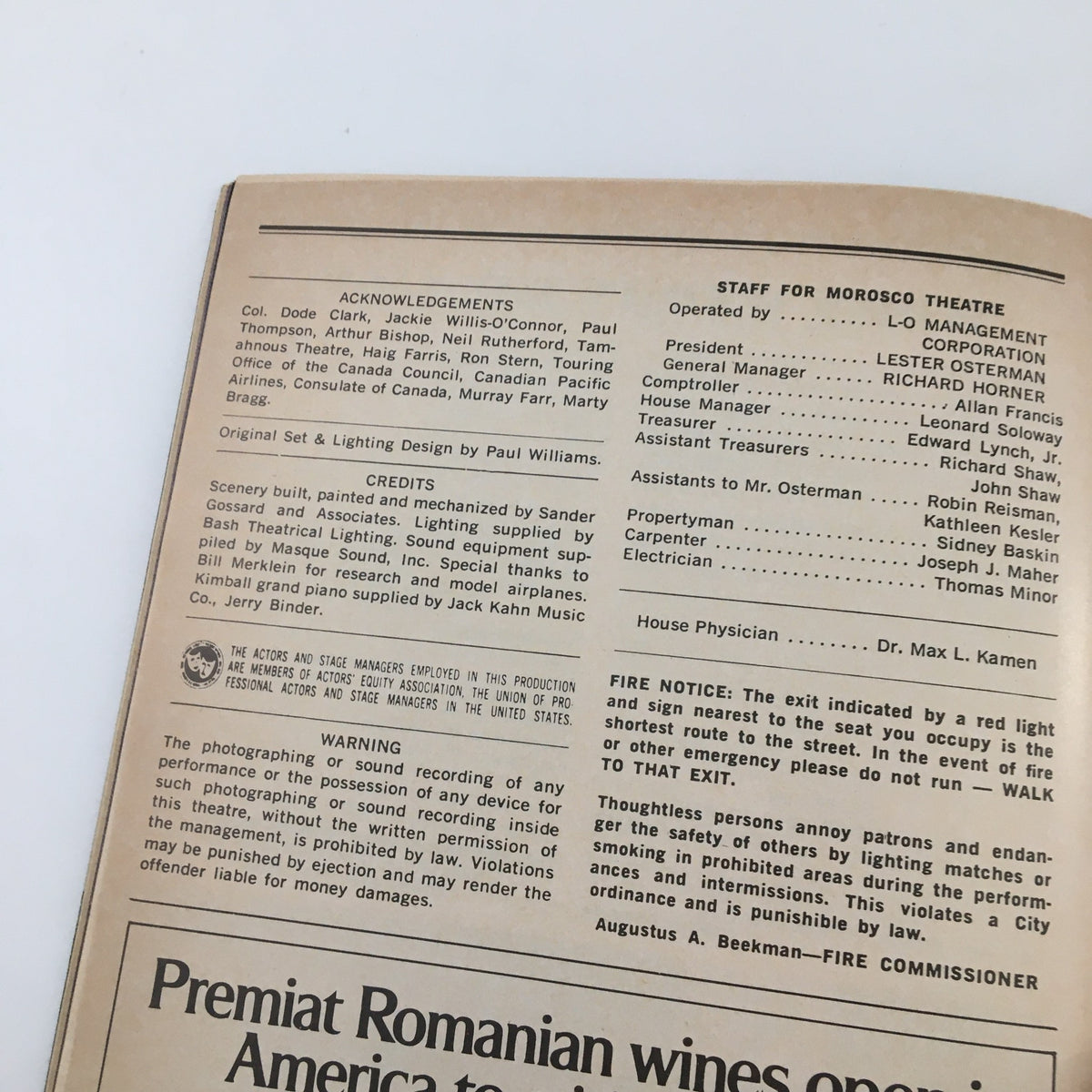Theatrical acknowledgments and operational details page from the 1980 Playbill for 'Billy Bishop Goes to War' featuring production notes.