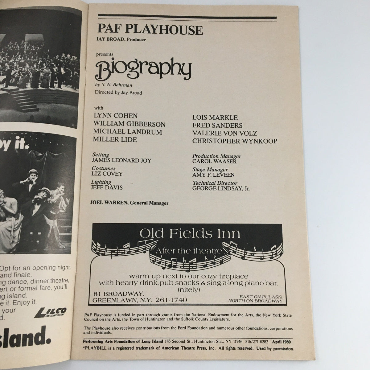 Inside view of the 1980 Playbill from PAF Playhouse for 'Biography,' showcasing the cast and production details.