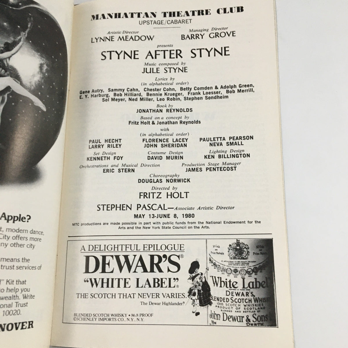 1980 Showbill Manhattan Theatre Club 'Styne After Styne' featuring cast members including Lynne Meadow and Paul Hecht, showcasing theatrical production details.
