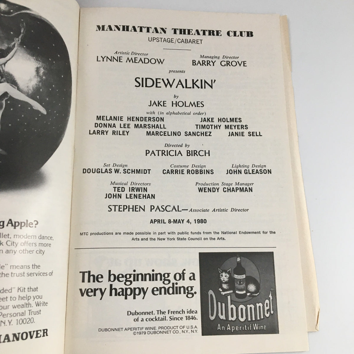 Inside page of the 1980 Manhattan Theatre Club Showbill for 'Sidewalkin', listing cast members including Melanie Henderson and Janie Sell.