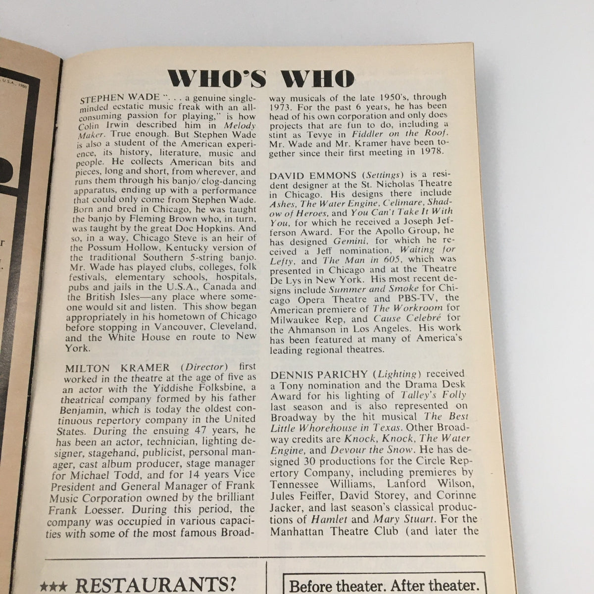 Information page highlighting Stephen Wade and Milton Kramer in the 1980 showbill for 'Banjo Dancing' at the Century Theatre.