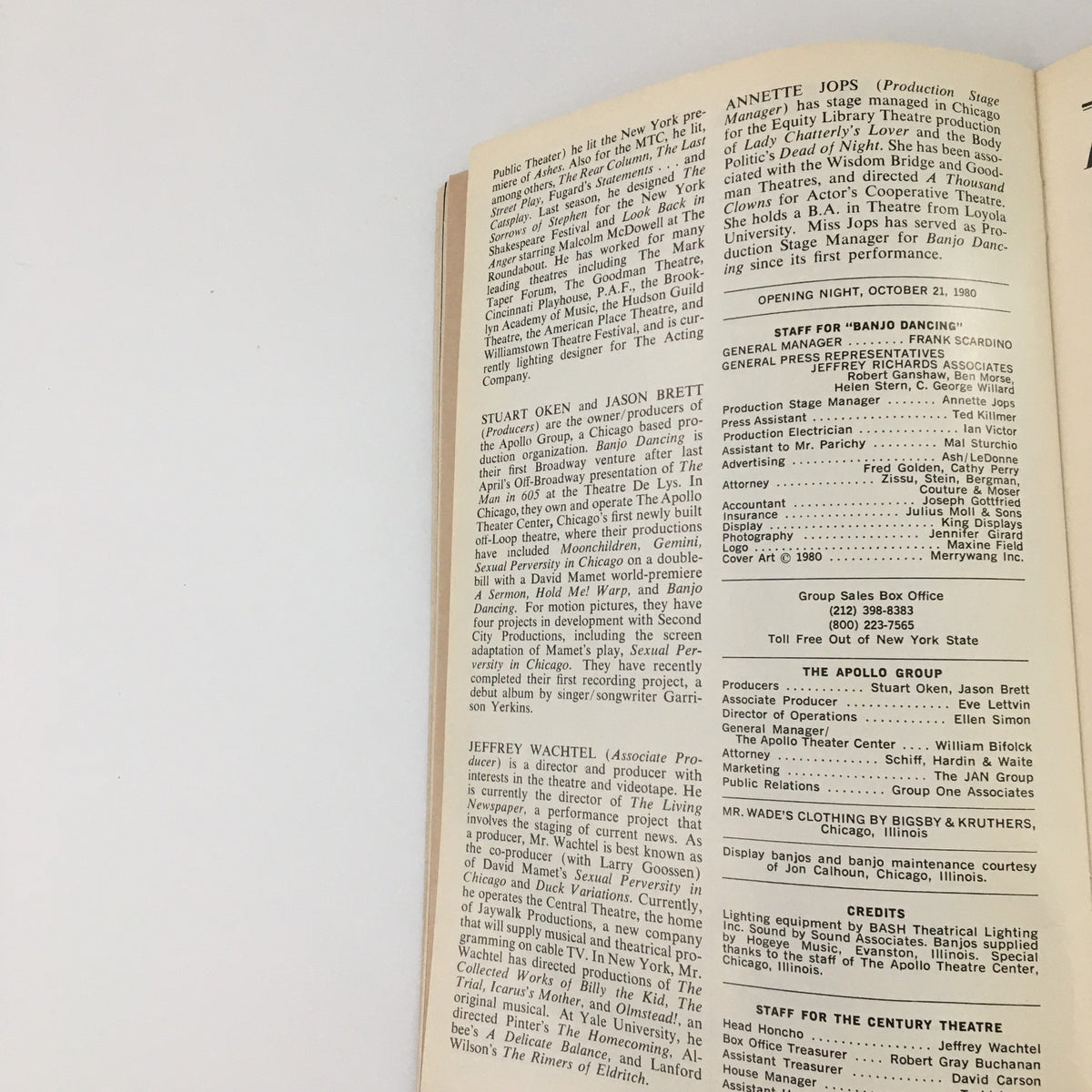 Details about staff and production team for 'Banjo Dancing' featured in the 1980 showbill at Century Theatre.