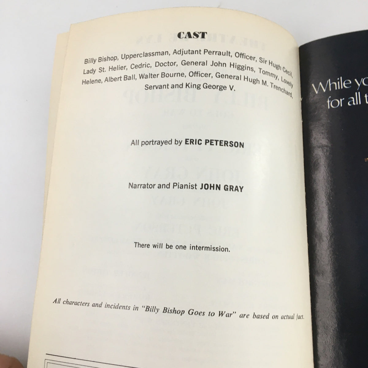 Listing of characters and performers in the 1980 showbill for 'Billy Bishop Goes to War' including Eric Peterson and John Gray.