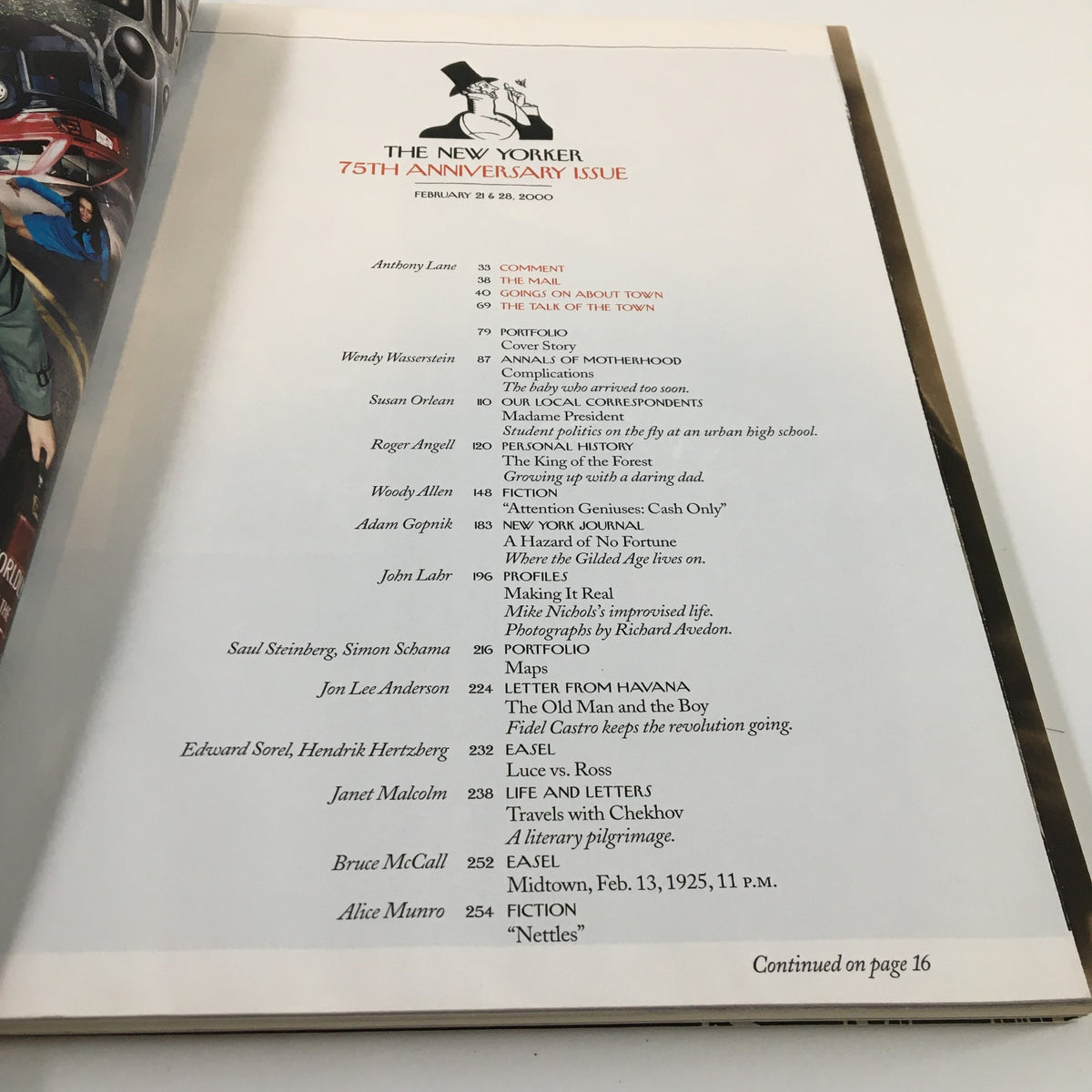 The New Yorker Full Magazine February 21 2000 Tilley Dog by William Wegman, showcasing the table of contents page with notable articles and contributors.