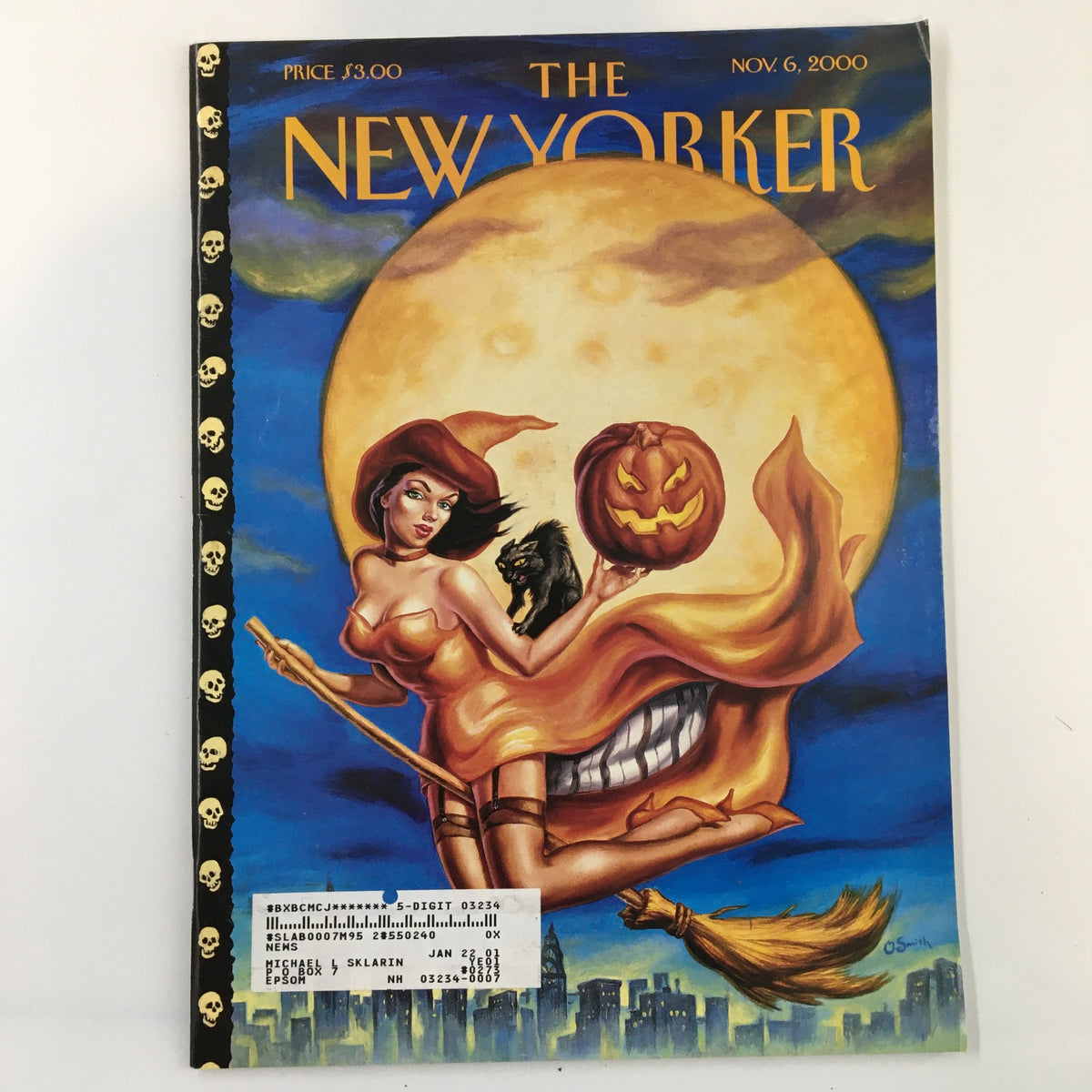 Cover of The New Yorker magazine dated November 6, 2000, featuring the artwork 'The Witching Hour' by Owen Smith, depicting a witch with a pumpkin and a cat against a full moon backdrop.