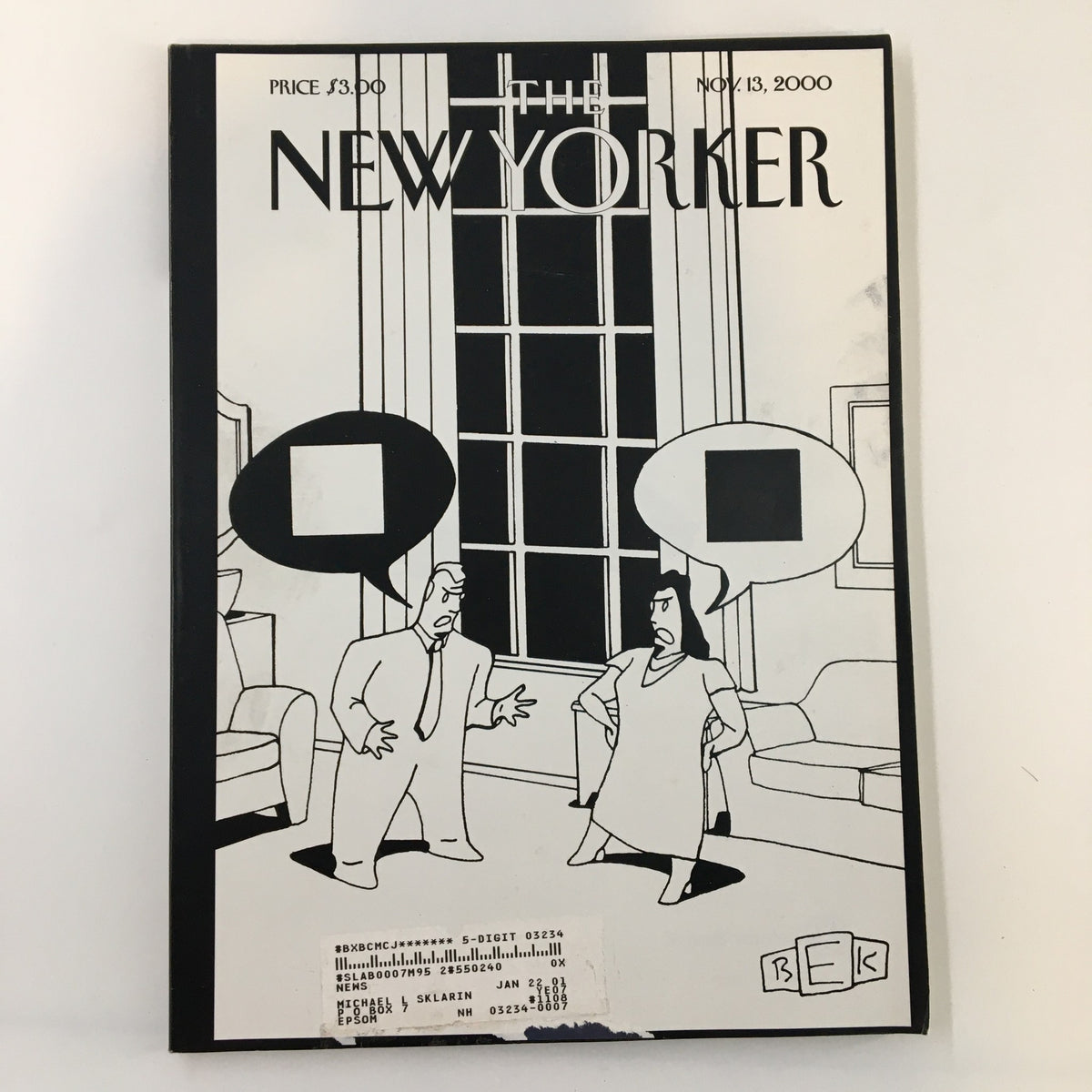 Cover of The New Yorker magazine from November 13, 2000, featuring a cartoon illustration related to the article 'Irreconcilable Differences' by B. Kaplan, showcasing distinctive black and white artwork.