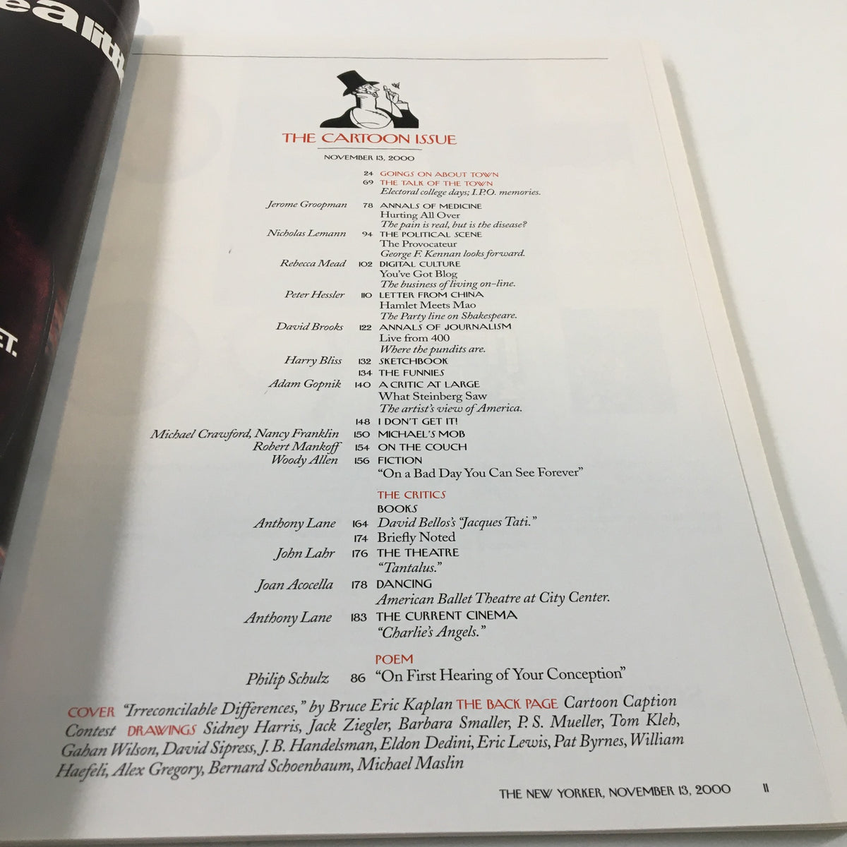 Interior page of The New Yorker magazine from November 13, 2000, detailing the contents and contributors of the issue, including the article 'Irreconcilable Differences' by B. Kaplan.