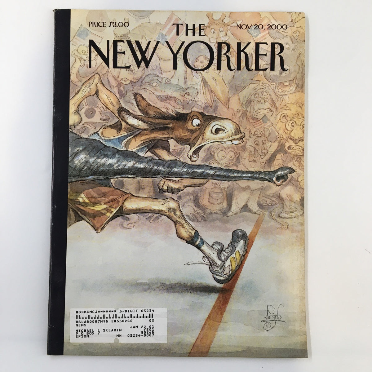 The New Yorker Full Magazine November 20, 2000, featuring the whimsical cover art titled 'By A Nose' by Peter de Seve. The cover illustration depicts a donkey in motion, capturing the essence of humor and creativity associated with the magazine.
