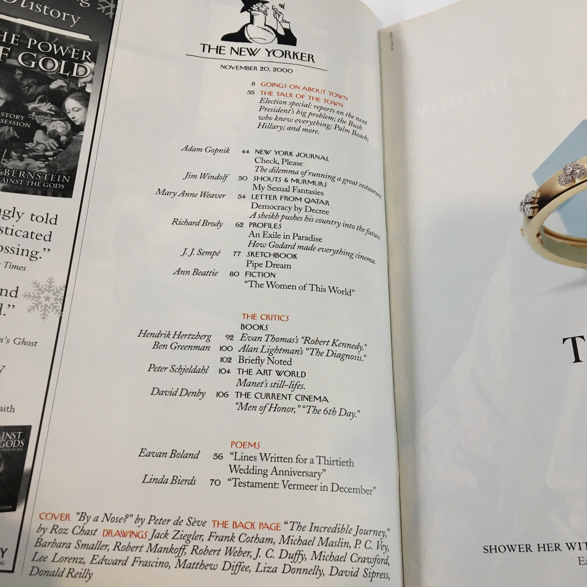 The interior page of The New Yorker Full Magazine November 20, 2000, displaying the magazine's contents including articles and features, providing insight into the cultural and social dynamics of the early 21st century.