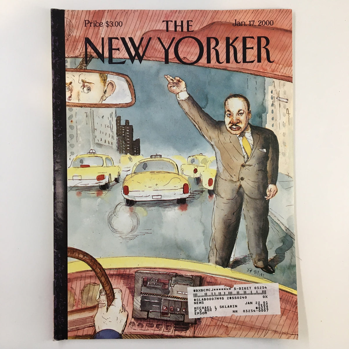 The New Yorker Full Magazine January 17 2000 featuring the cover illustration 'Dr. Luther King' by Barry Blitt, depicting a scene with a taxi and Dr. King gesturing, showcasing vibrant colors and artistic style.