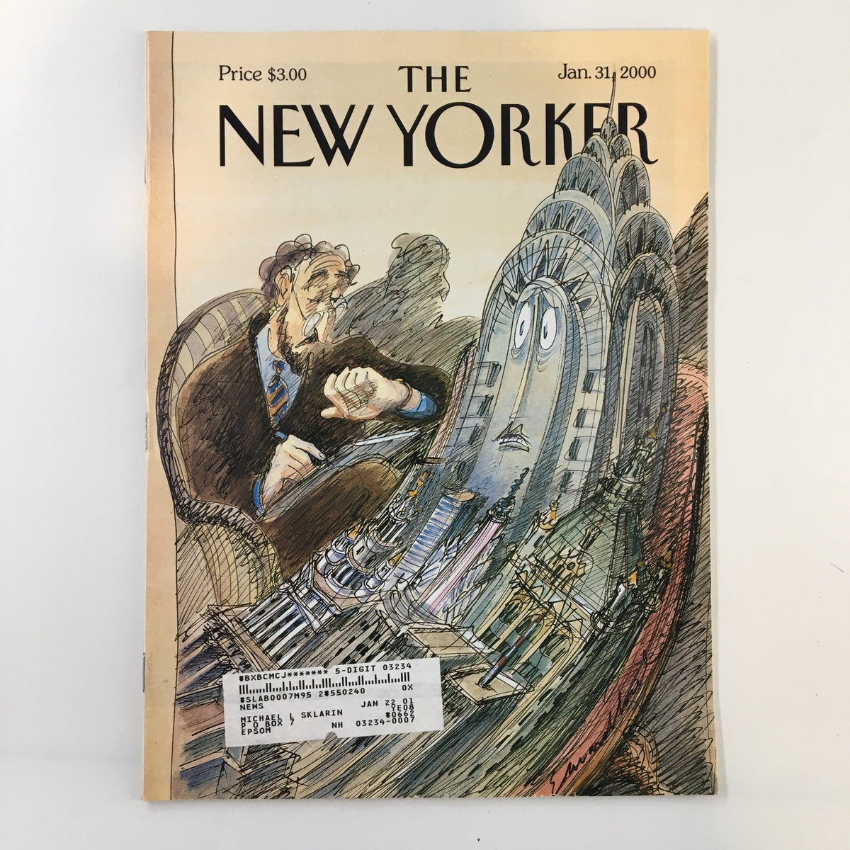 The New Yorker Full Magazine January 31, 2000 featuring the cover art "Kvetch City" by Edward Sorel, illustrating a whimsical urban scene with a cartoon character and a unique skyline.