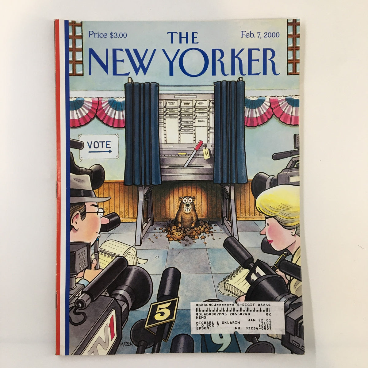 Cover of The New Yorker Full Magazine February 7 2000 featuring a humorous political illustration by RJ Matson depicting a voting scene.