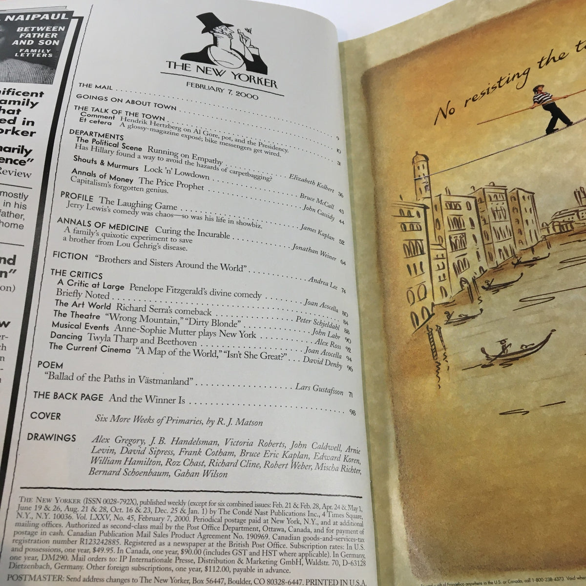 Interior page of The New Yorker Full Magazine February 7 2000 displaying the table of contents and an artistic illustration, showcasing articles and commentary from that issue.