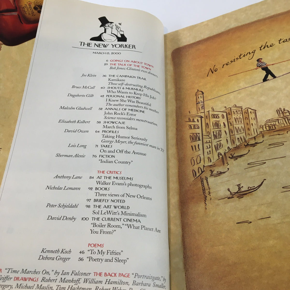 The New Yorker magazine table of contents page from March 13, 2000, featuring the layout of articles including 'Time Marches' by Ian Falconer. This vintage magazine issue highlights various contributors and themed sections, reflecting the essence of early 2000s culture.
