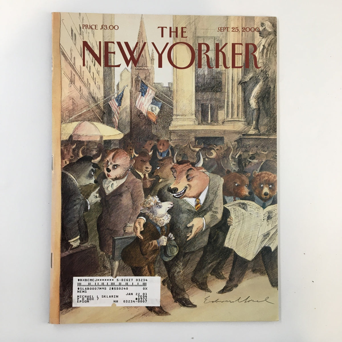 Cover of The New Yorker Full Magazine September 25 2000 featuring artistic representation by E. Sorel with bear characters in suits and a city background.