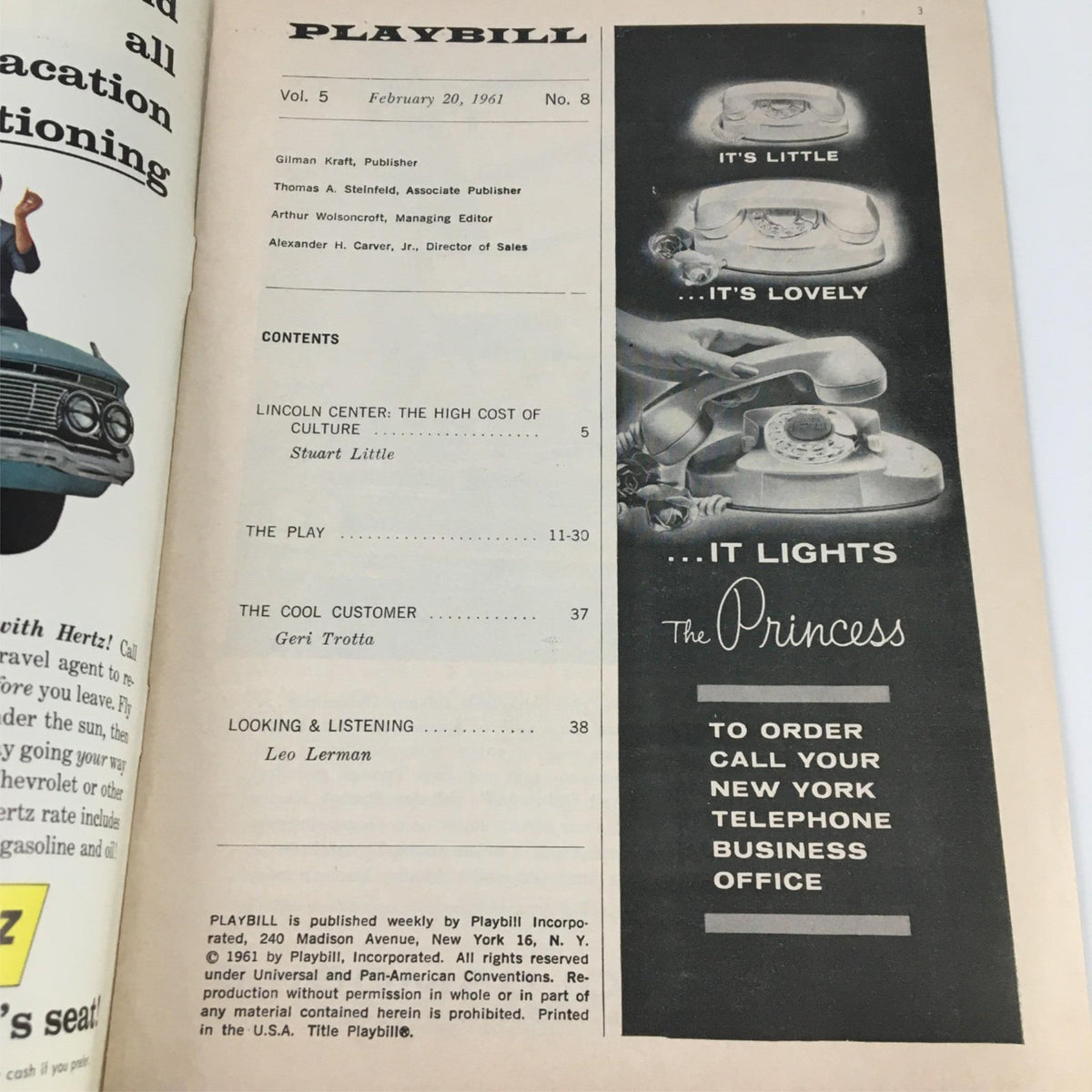 Interior page of the 1961 Playbill for Advise and Consent showcasing magazine content and advertising.